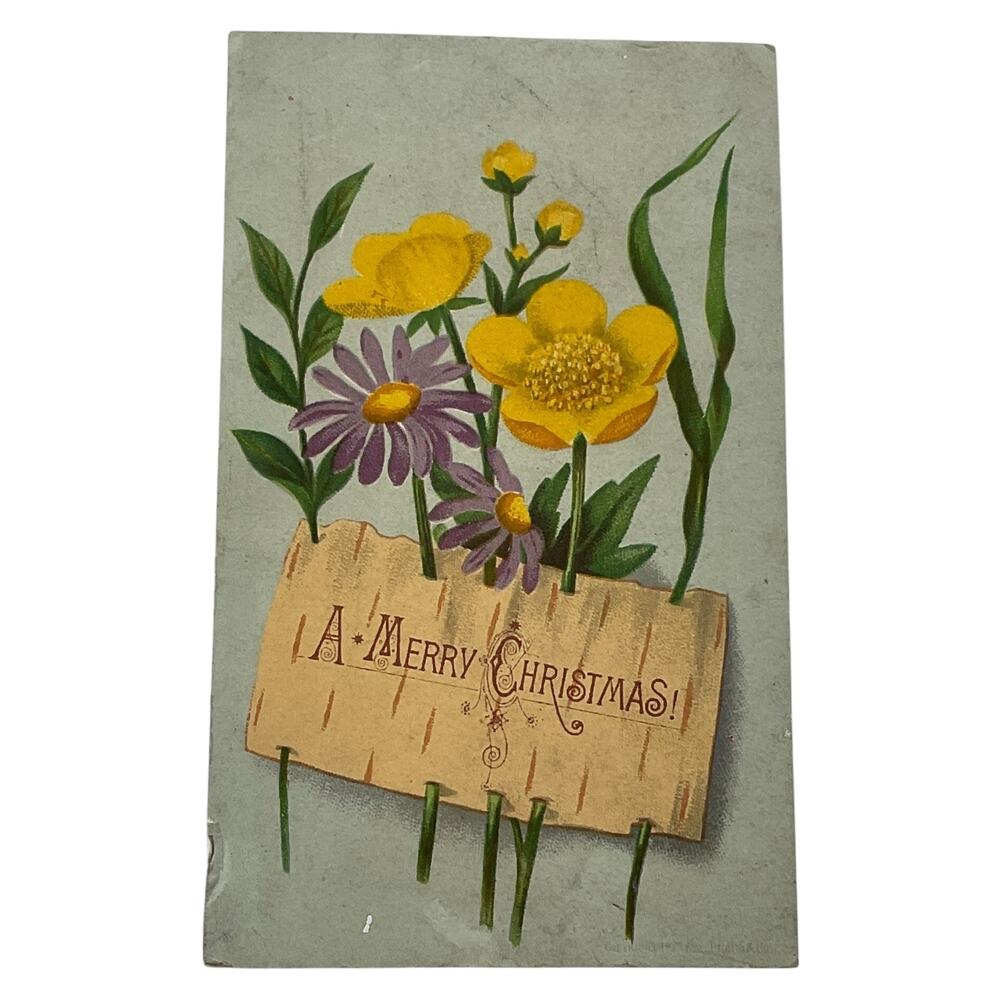 Antique Merry Christmas Greeting Card Small Floral Early 1900s Daisy Buttercup‎